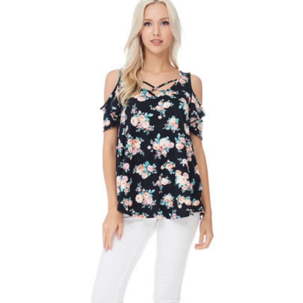 Off shoulder open shoulder floral black summer top